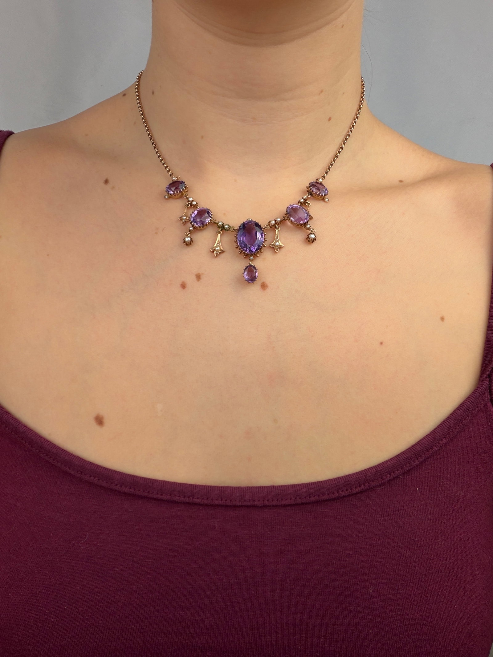ANTIQUE 14CT YELLOW GOLD AMETHYST AND PEARL FRINGE NECKLACE - 6