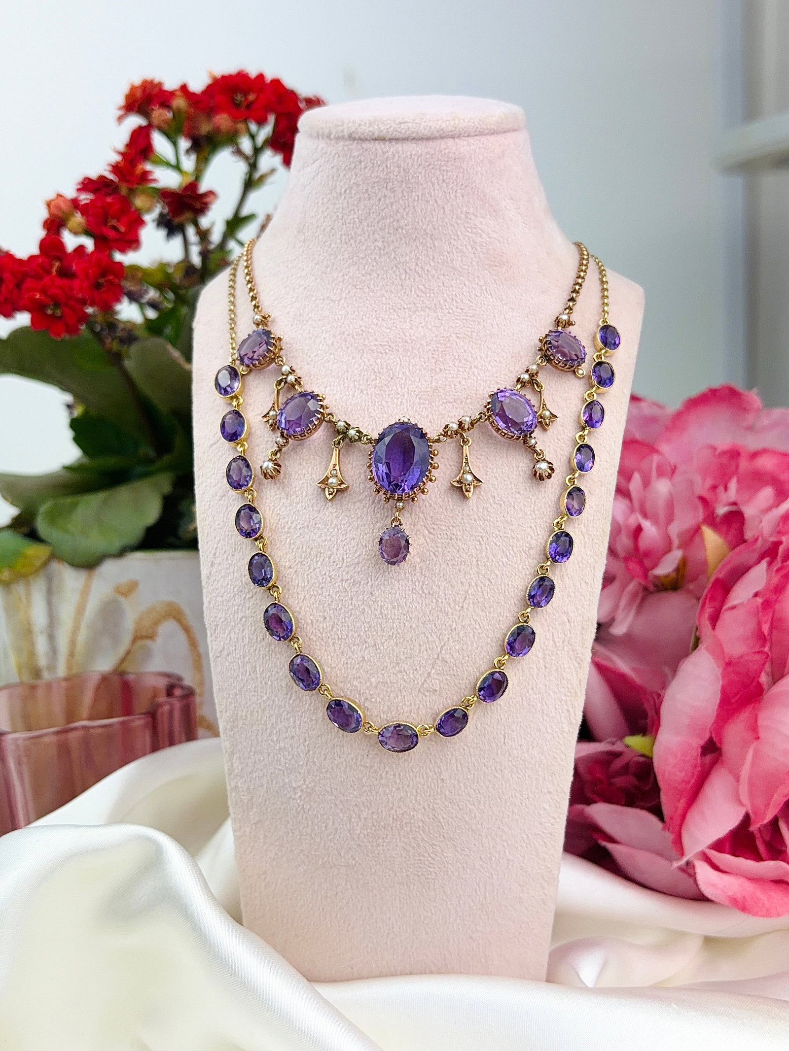 ANTIQUE 14CT YELLOW GOLD AMETHYST AND PEARL FRINGE NECKLACE - 8