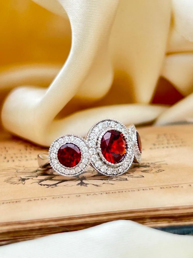 Chunky 18ct White Gold Garnet and Diamond 3 Stone Halo Ring - 12