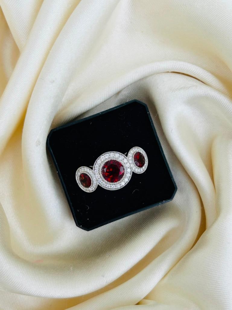 Chunky 18ct White Gold Garnet and Diamond 3 Stone Halo Ring - 5
