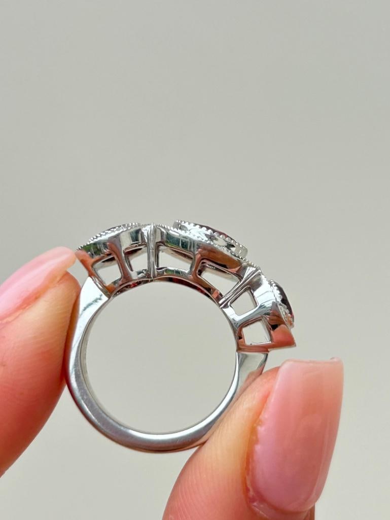 Chunky 18ct White Gold Garnet and Diamond 3 Stone Halo Ring - 6