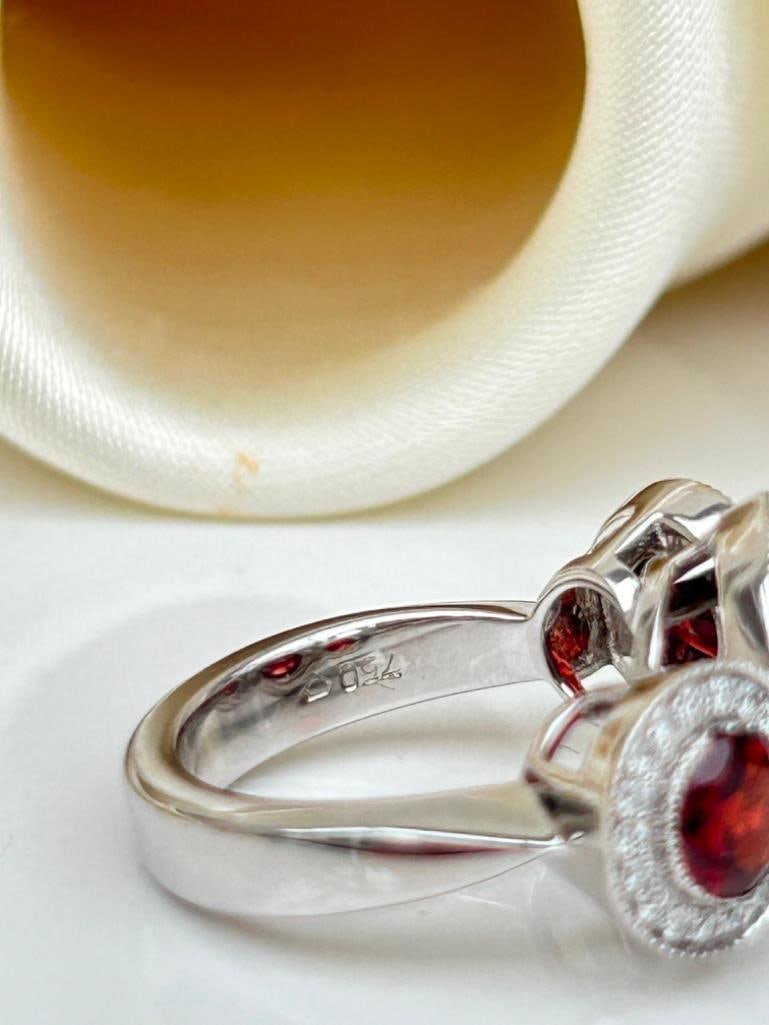 Chunky 18ct White Gold Garnet and Diamond 3 Stone Halo Ring - 8