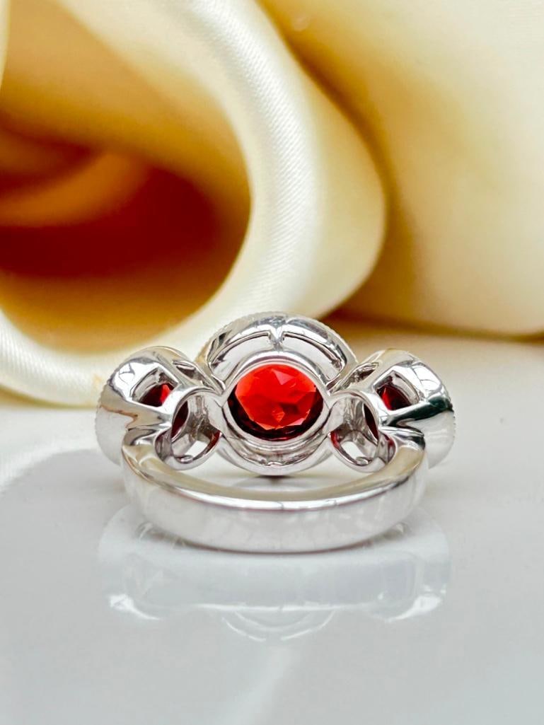 Chunky 18ct White Gold Garnet and Diamond 3 Stone Halo Ring - 9