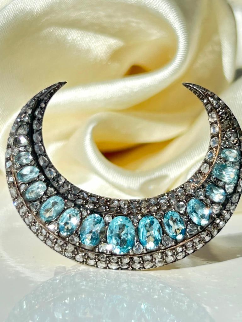 Outstanding Antique Blue Topaz and Diamond Huge Crescent Brooch in Gold: Outstanding Antique Blue Topaz and Diamond Huge Crescent Brooch in Gold with screw off fittings the most exceptional bright blue topaz and diamond stones measurements 