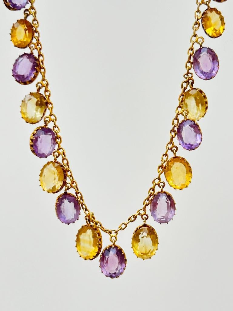 Antique 9ct Gold Amethyst and Citrine Pretty Drop necklace with Barrel clasp: Antique 9ct Gold Amethyst and Citrine Pretty Drop necklace with Barrel clasp truly delightful necklace measurements length 39cm weight 18g materials 9ct
