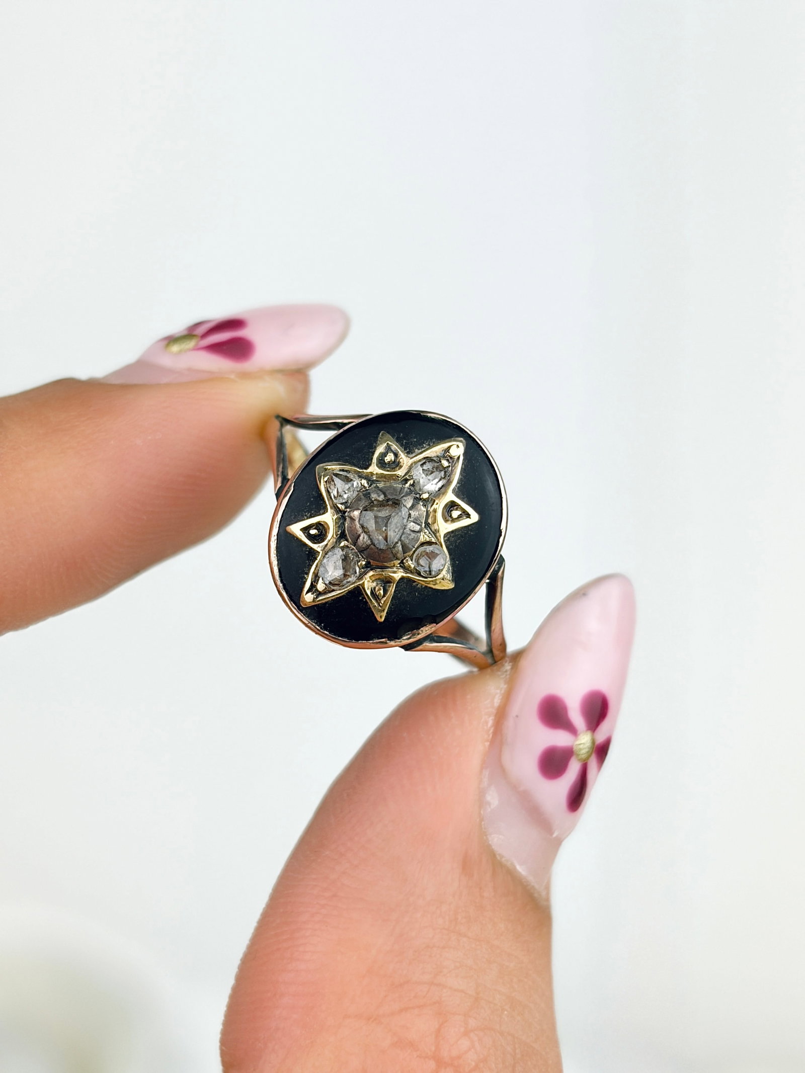 ANTIQUE VICTORIAN STAR SET ROSE CUT DIAMOND AND BLACK ENAMEL RING IN GOLD - 5