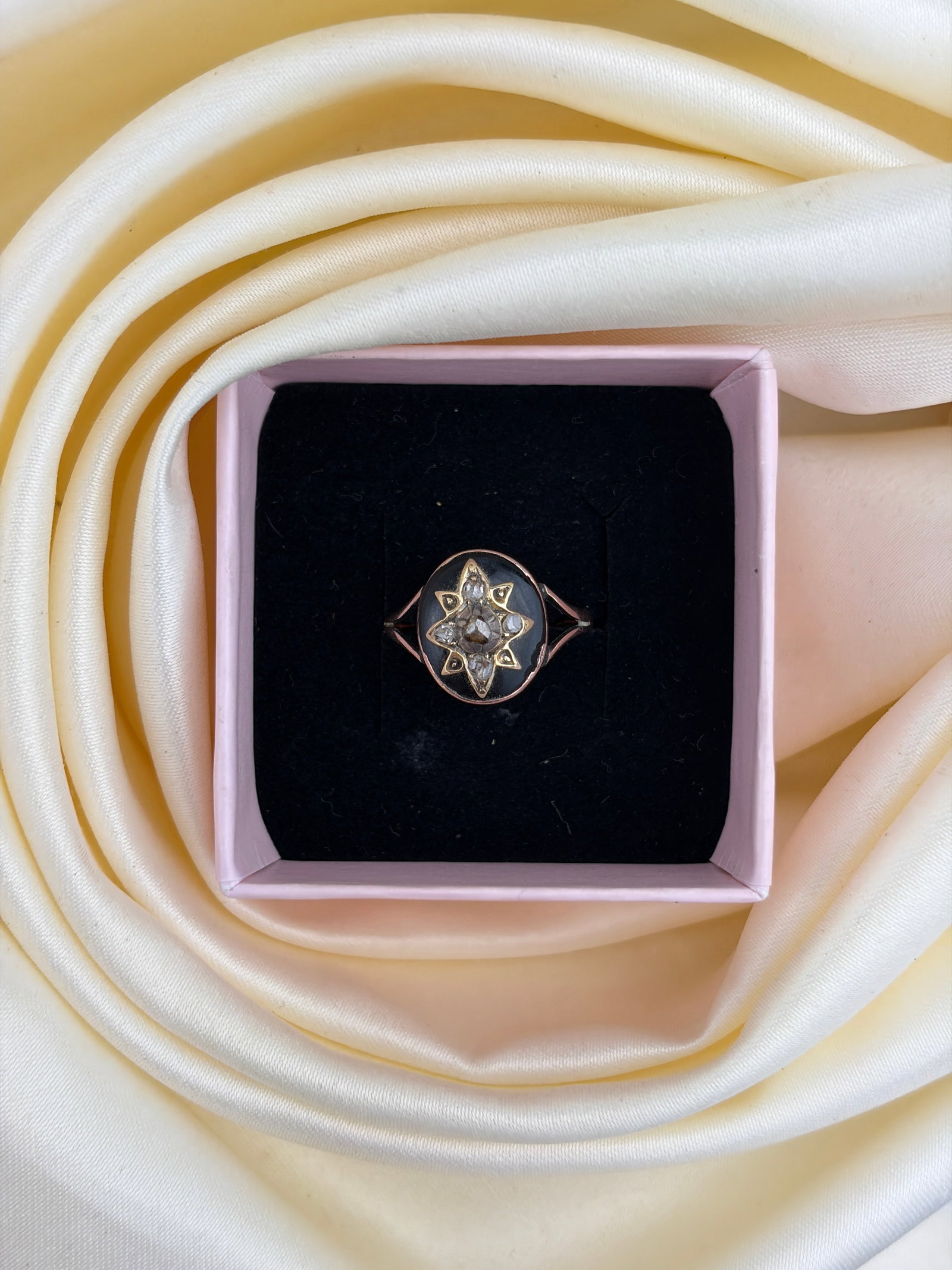 ANTIQUE VICTORIAN STAR SET ROSE CUT DIAMOND AND BLACK ENAMEL RING IN GOLD - 9