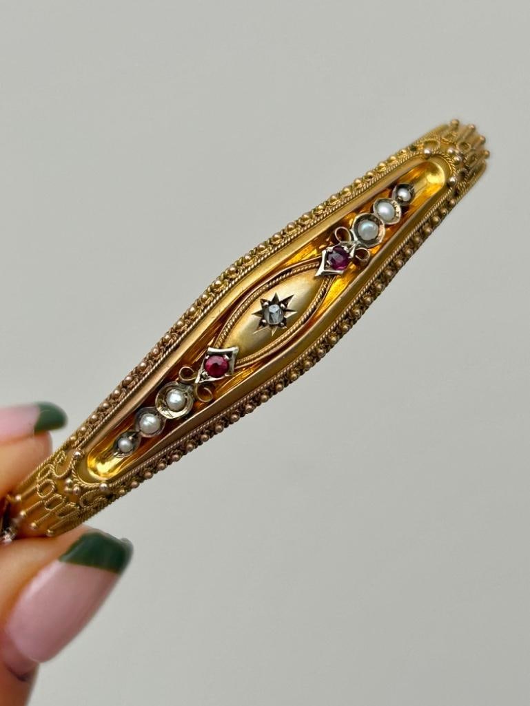 Antique Victorian Star Ruby Diamond and Pearl 9carat Bangle Bracelet (1 of 6)