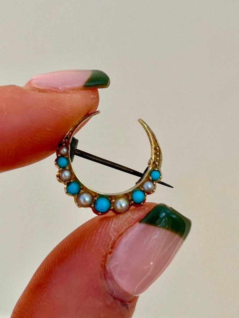Antique 15ct Yellow Gold Pearl and Turquoise Moon Crescent Brooch (1 of 5)