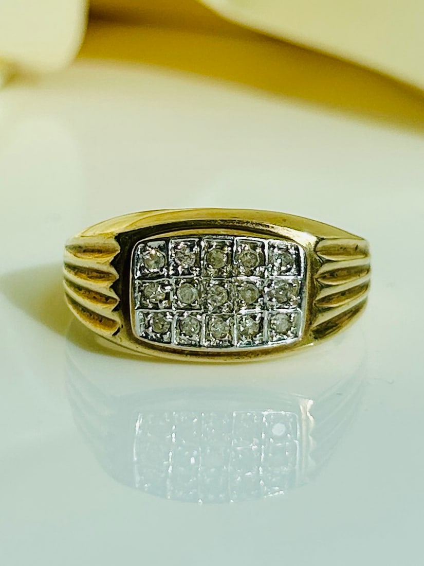 Diamond Square Signet Ring in 9ct Yellow Gold:  Diamond Square Signet Ring in 9ct Yellow Gold