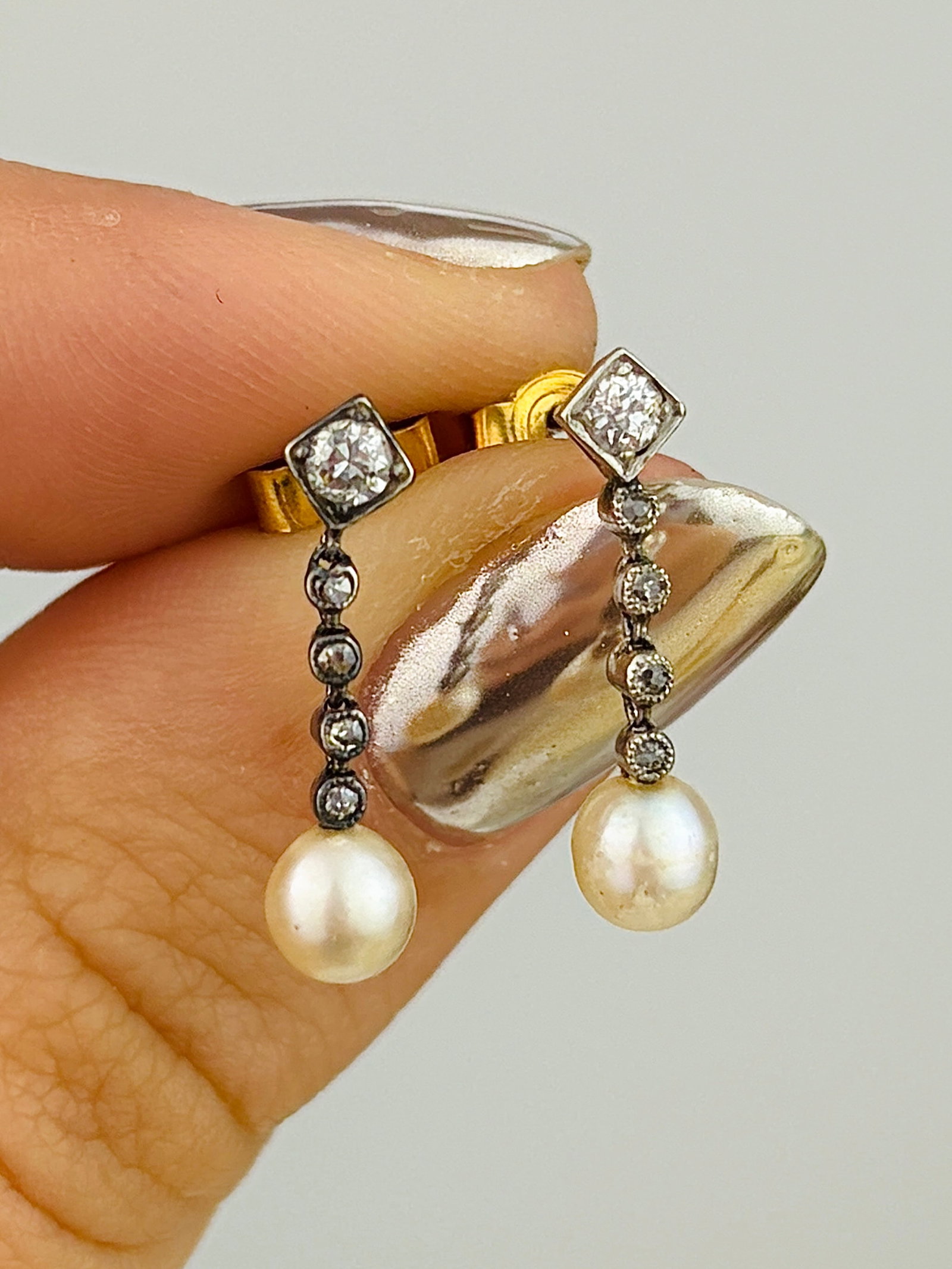 Antique Boxed Diamond and Pearl Drop Earrings in 9ct Gold (1 of 10)