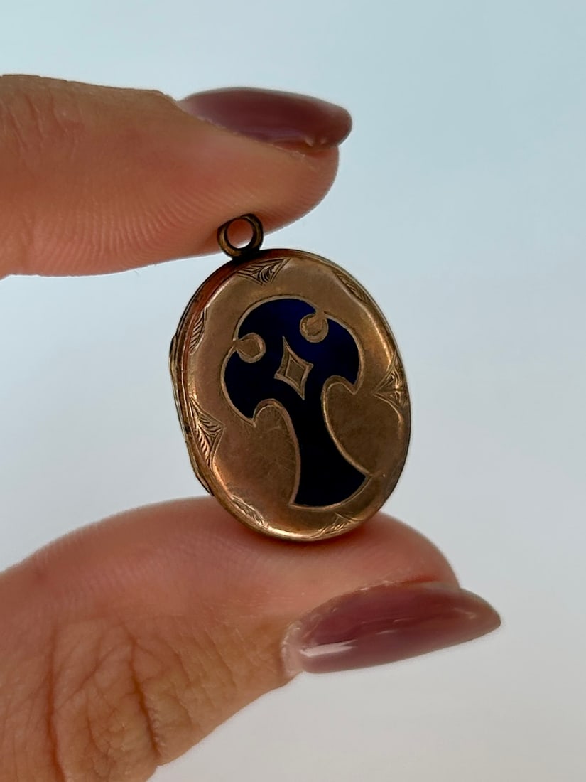 Antique Blue Enamel Cross Locket Pendant in Gold - 6