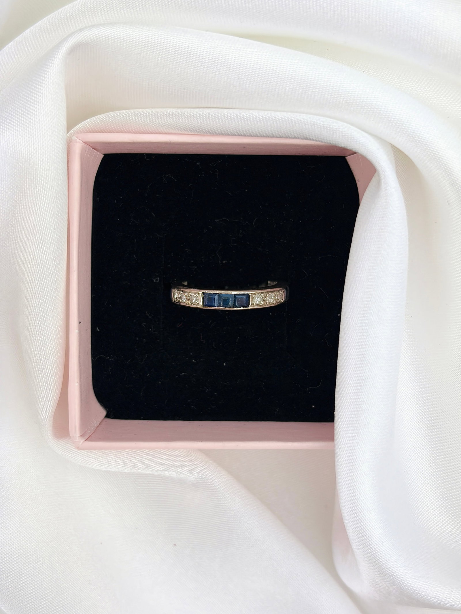 ANTIQUE ART DECO ERA 18CT WHITE GOLD SAPPHIRE AND DIAMOND FULL ETERNITY BAND RING - 8