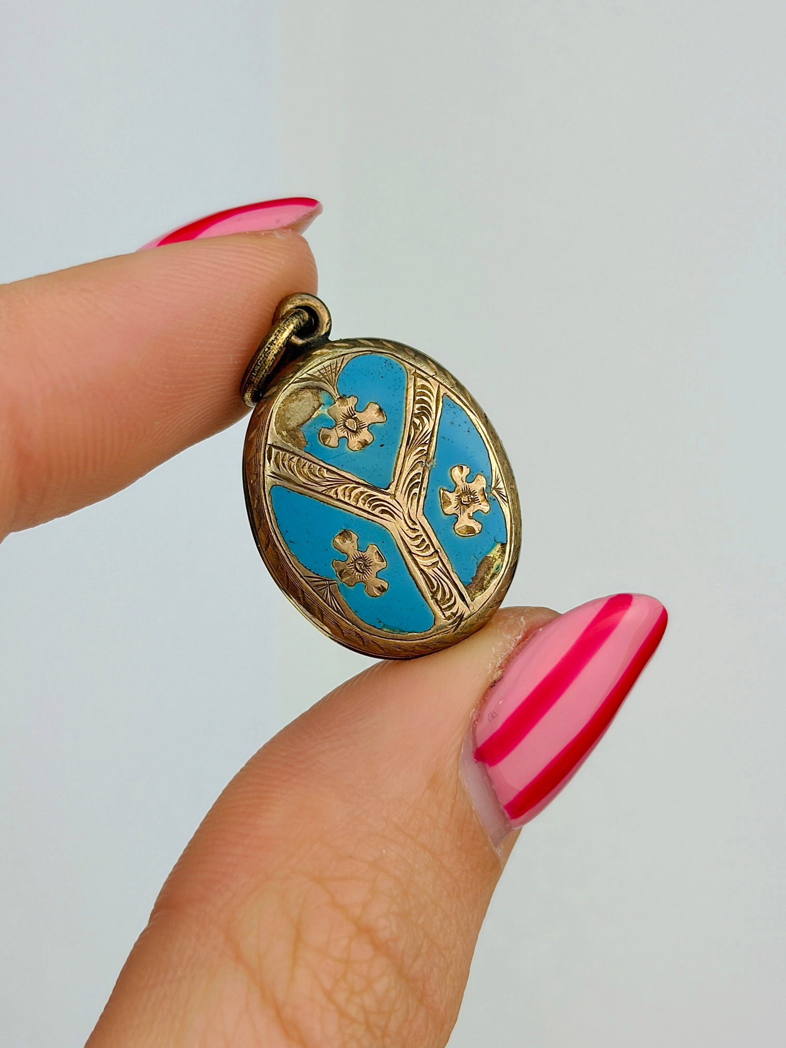 Antique blue enamel locket back pendant - 2