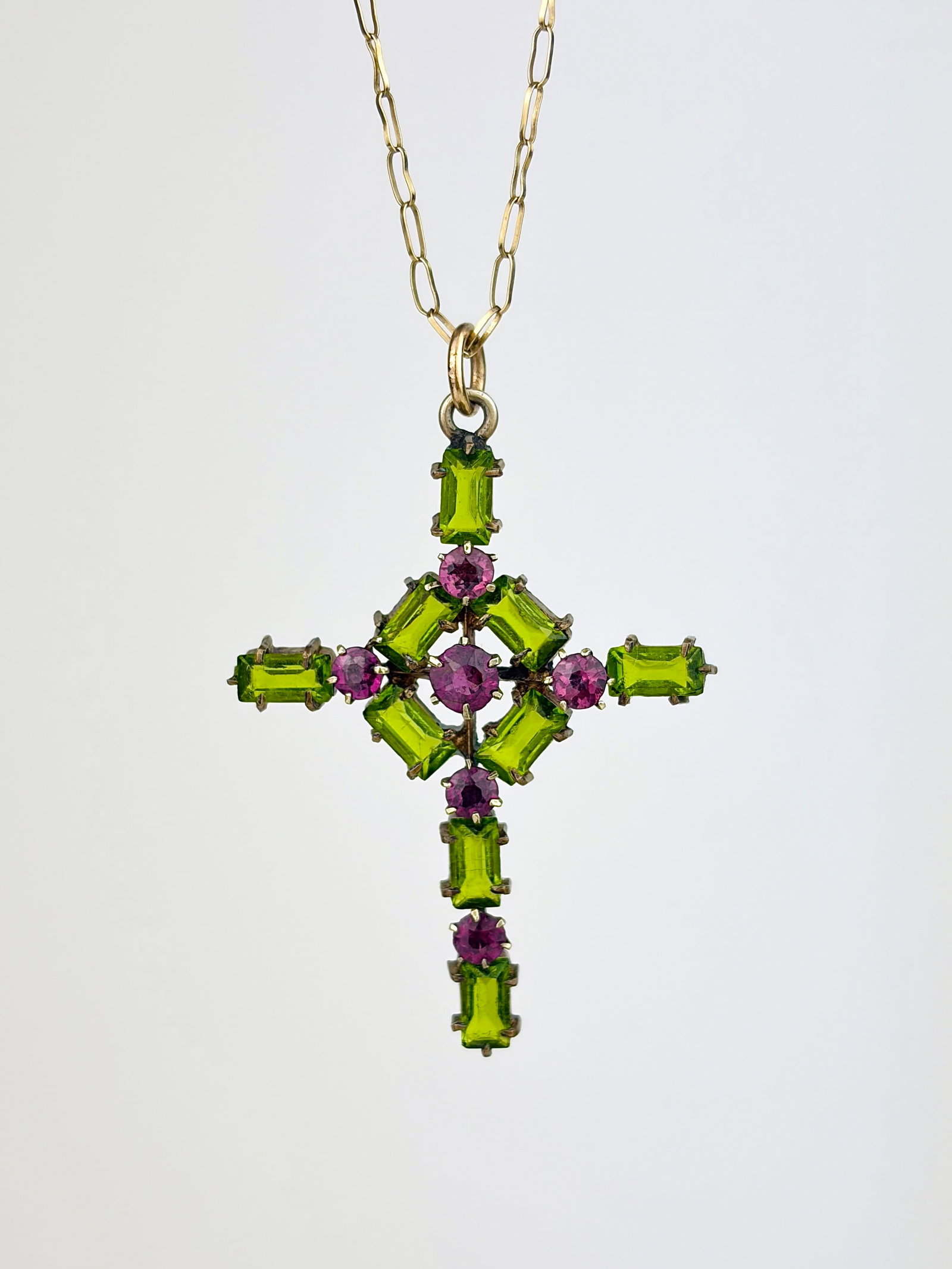PINK AND GREEN STONE CROSS GOLD PENDANT ON CHAIN (1 of 7)