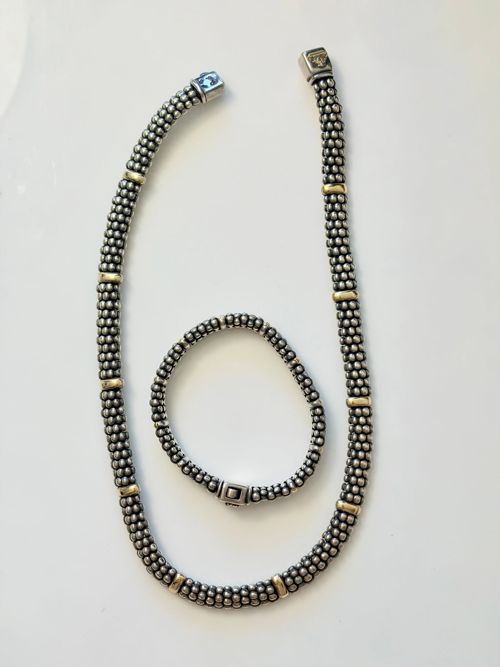 STERLING SILVER AND 18CT GOLD 'CAVIAR' NECKLACE AND BRACELET SET: STERLING SILVER AND 18CT GOLD 'CAVIAR' NECKLACE AND BRACELET SET combined weight 145.34g