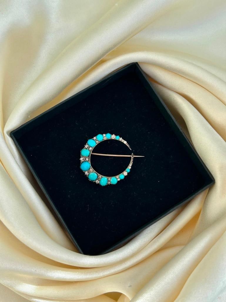 Antique Turquoise and Rose Cut Diamond Yellow Gold and Silver Crescent Brooch - 4