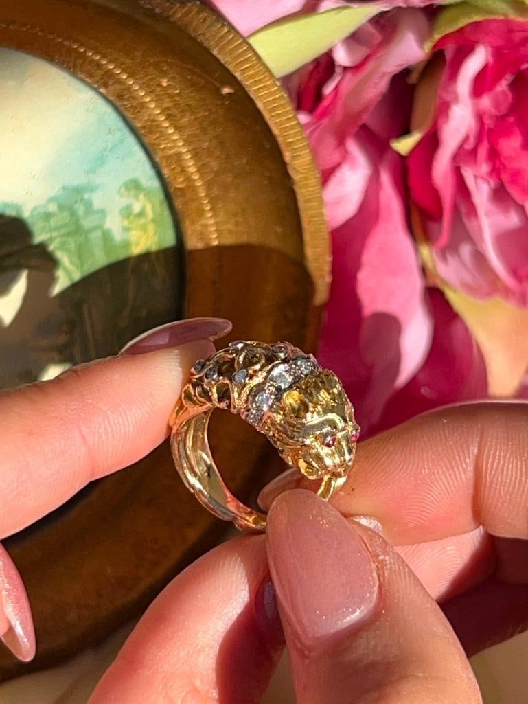 Unusual Heavy 18ct Yellow Gold Diamond and Ruby “Zolotas” Lion Ring - 11
