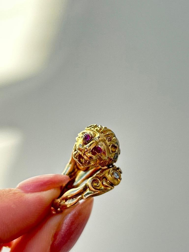 Unusual Heavy 18ct Yellow Gold Diamond and Ruby “Zolotas” Lion Ring - 5