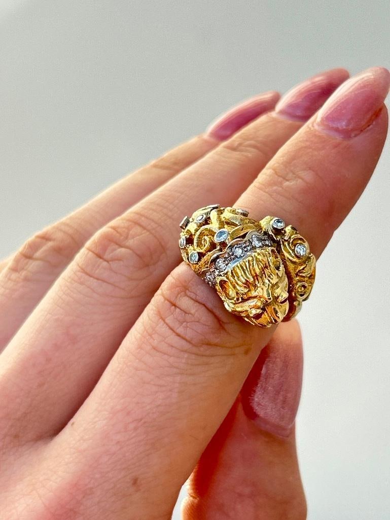 Unusual Heavy 18ct Yellow Gold Diamond and Ruby “Zolotas” Lion Ring - 9