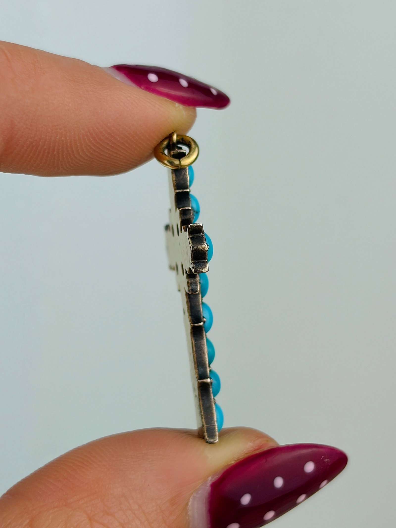 ANTIQUE 18CT YELLOW GOLD TURQUOISE AND DIAMOND CROSS PENDANT - 2
