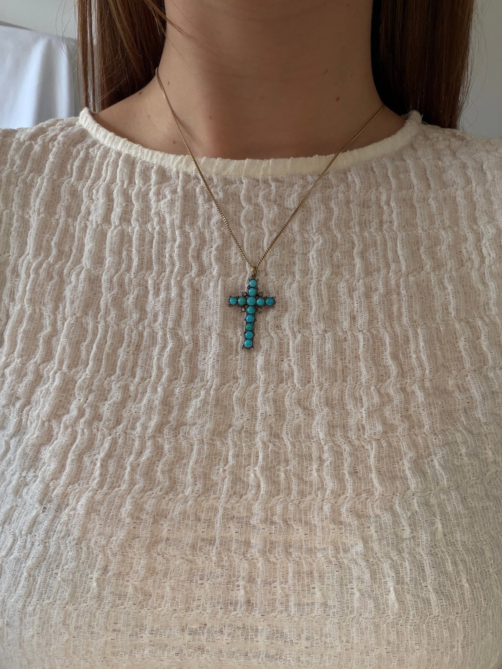 ANTIQUE 18CT YELLOW GOLD TURQUOISE AND DIAMOND CROSS PENDANT - 4
