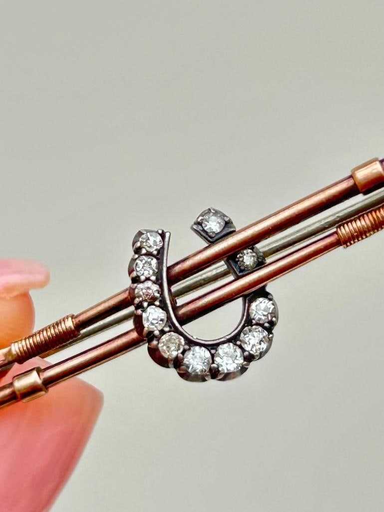Antique Gold Diamond Horseshoe Cropp Brooch: Antique Gold Diamond Horseshoe Cropp Brooch gorgeous diamond horseshoe!! measurements size 13mm x 45mm weight 4.52g materials gold and 