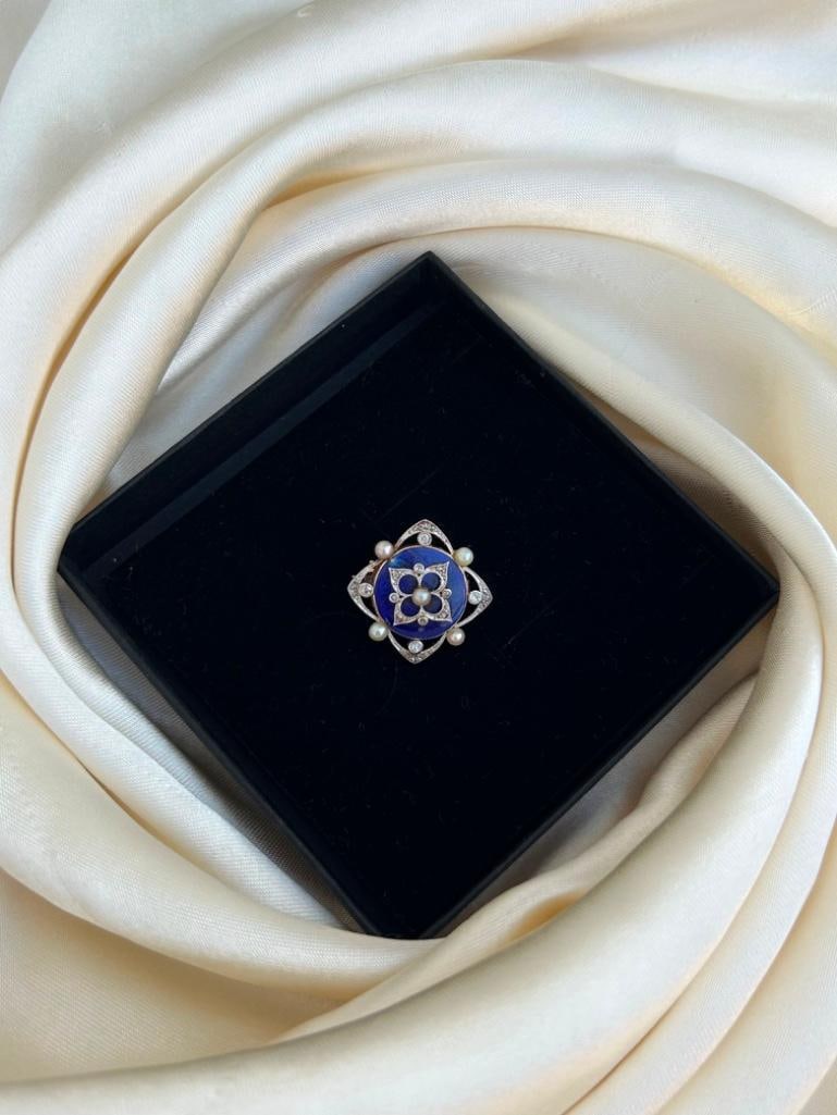 Antique Bristol Blue Glass Diamond and Pearl Locket Back Brooch - 3