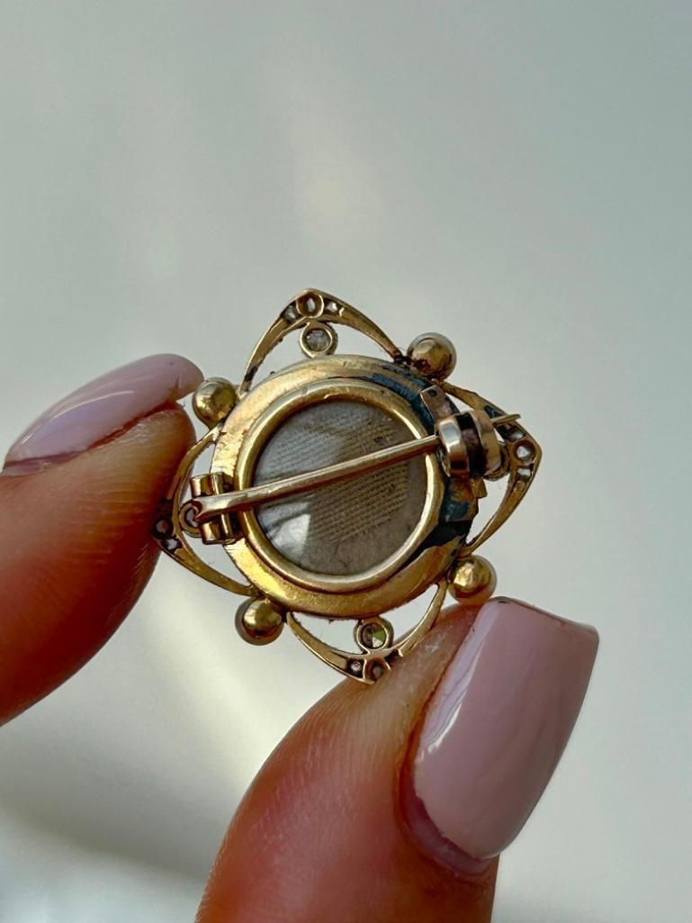 Antique Bristol Blue Glass Diamond and Pearl Locket Back Brooch - 4