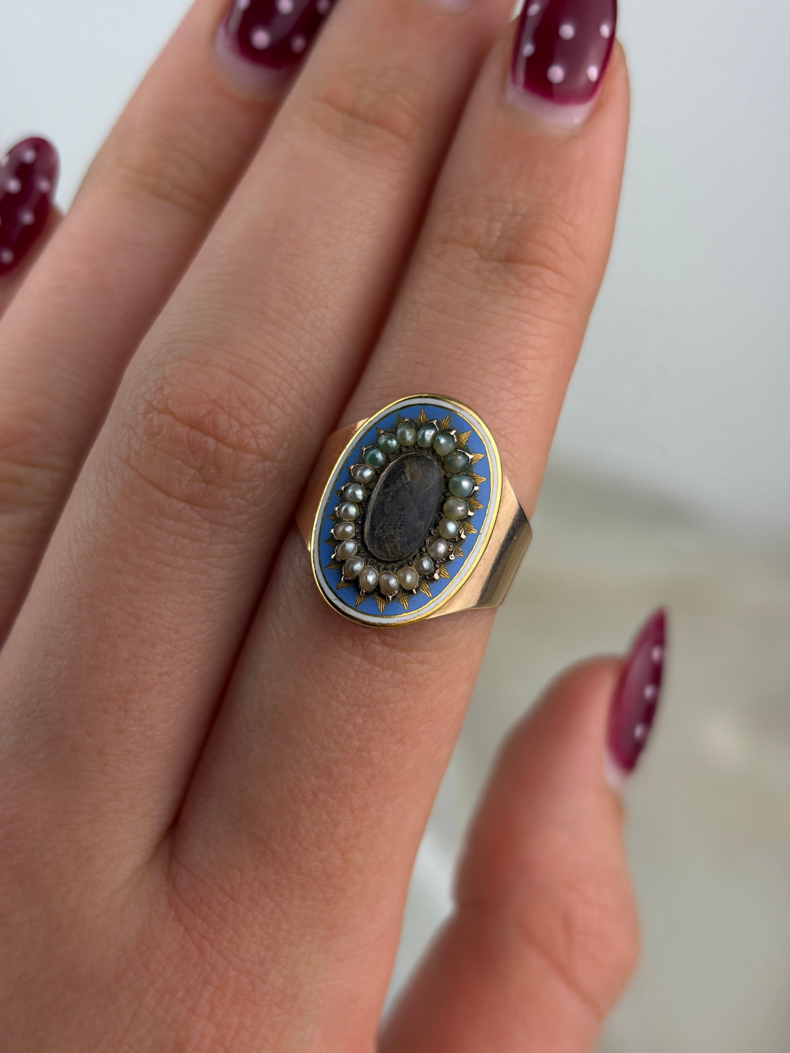 ANTIQUE GEORGIAN ERA C. 1786 BLUE ENAMEL AND PEARL LOCKET FRONT RING - 5