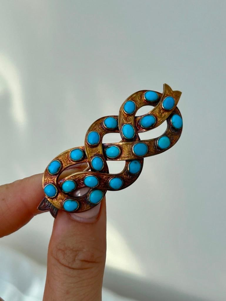 Large Antique Gold Lovers Knot Turquoise Brooch: Large Antique Gold Lovers Knot Turquoise Brooch gorgeous chunky turquoise brooch measurements size 63mm x 23mm weight 9.36g materials turquoise and gold 