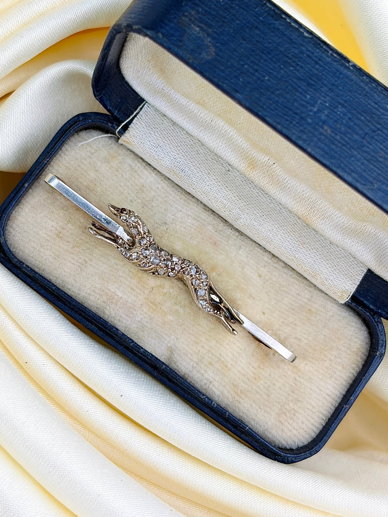 Antique 15ct Gold Diamond Greyhound Brooch in Antique Box: Antique 15ct Gold Diamond Greyhound Brooch in Antique Box A truly wonderful brooch! The greyhound has a ruby eye as well!
