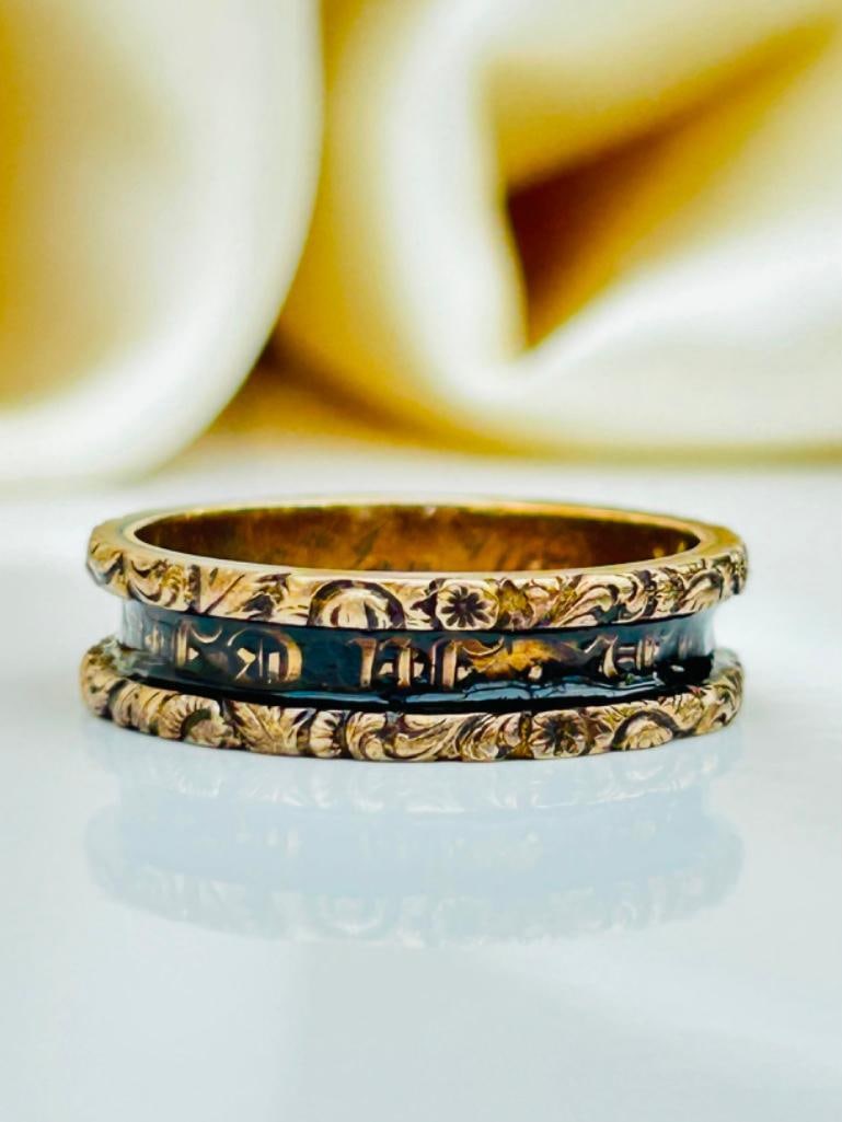 Antique Mourning Band Enamel Ring “Janet Simpson Died 27th Jan 1837” in Chunky Gold: Antique Mourning Band Enamel Ring “Janet Simpson Died 27th Jan 1837” in Chunky Gold charming mourning band measurements size uk S us 91/2 band width 5mm Weight: 4.83g
