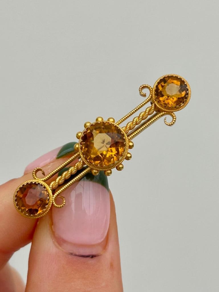 Antique 15ct Yellow Gold Citrine Bar Brooch - 5