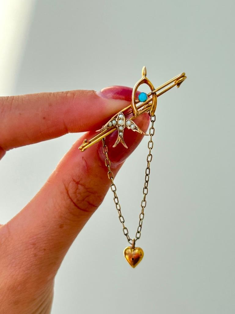 Antique turquoise wishbone and pearl swallow and heart double gold pins: Antique turquoise wishbone and pearl swallow and heart double gold pins so sweet and special Measurements length 11cm weight 2.54g materials Gold turquoise and pearl dqz