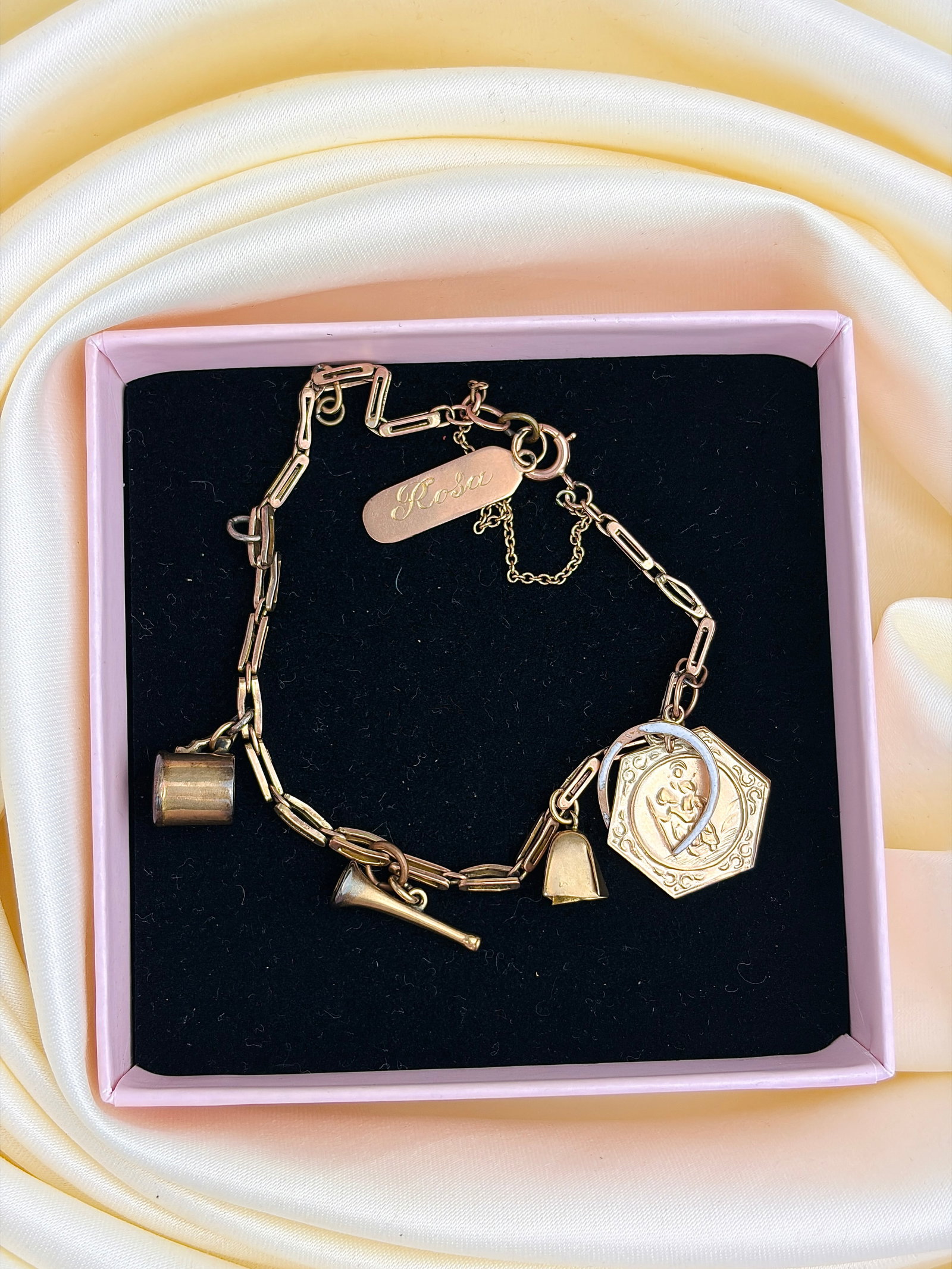 VINTAGE 9CT YELLOW GOLD CHARM BRACELET WITH ENAMEL HORSESHOE, ST. CHRISTOPHER ETC - 6