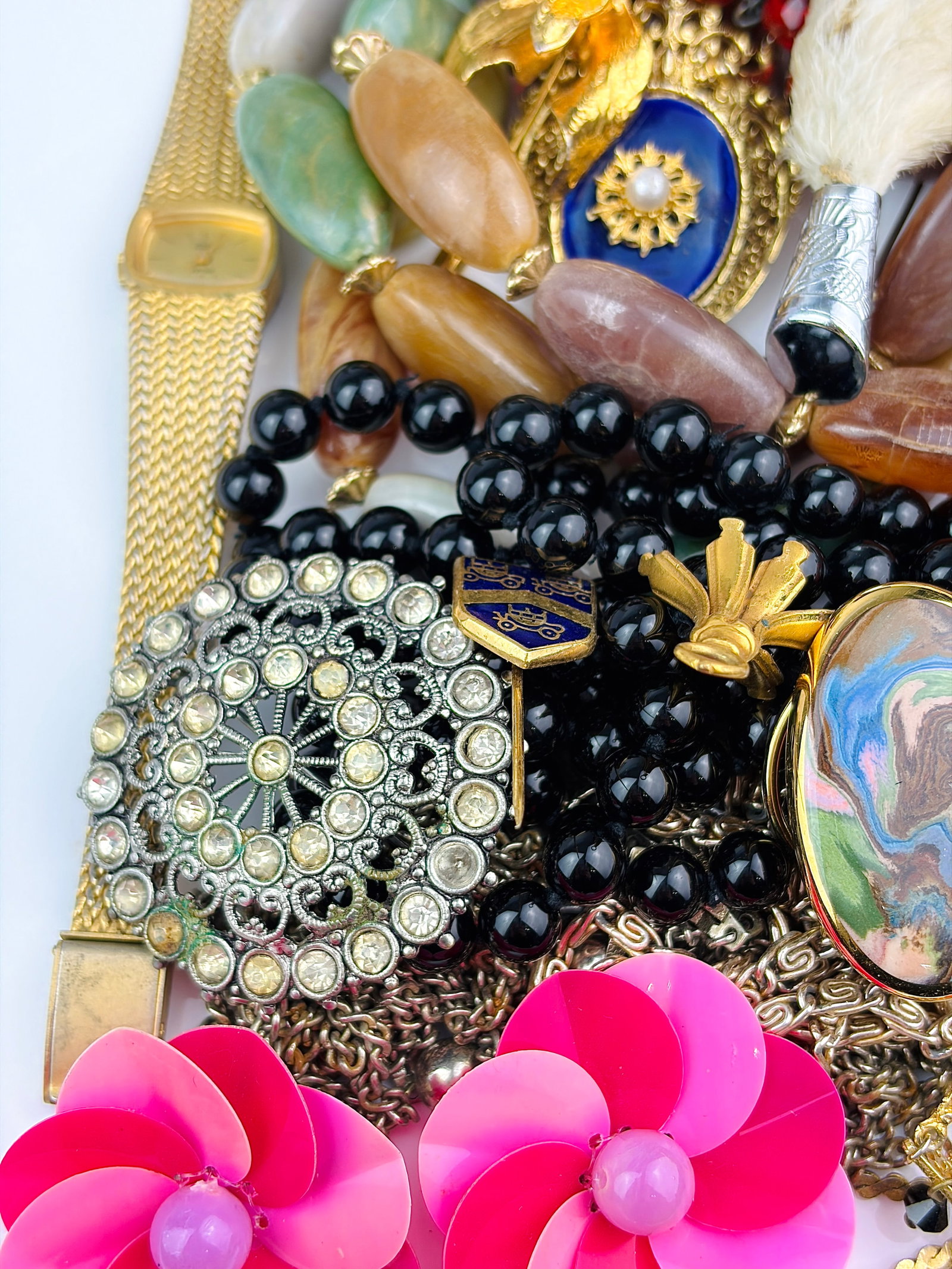 MIXED LOT WATCH, BEADED NECKLACES, BROOCHES ETC - 6