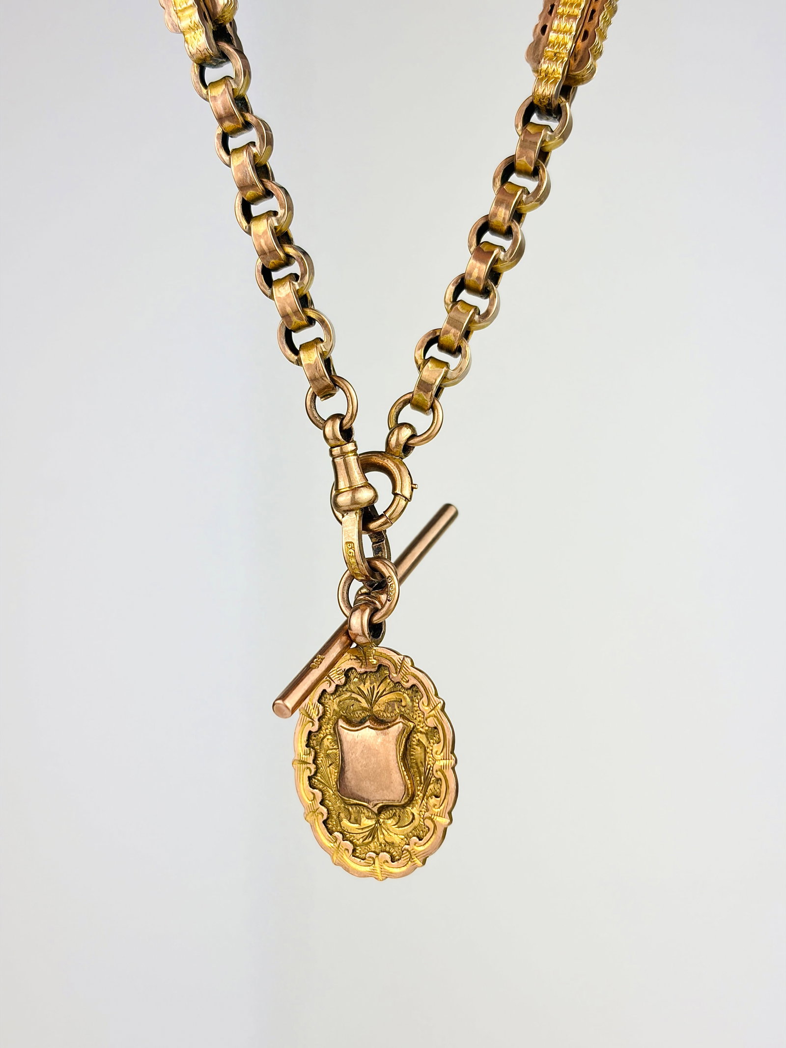 ANTIQUE 9CT YELLOW GOLD ALBERT CHAIN WITH STARS AND BARS LINK, MEDAL, TBARS AND DOGCLIP (1 of 10)