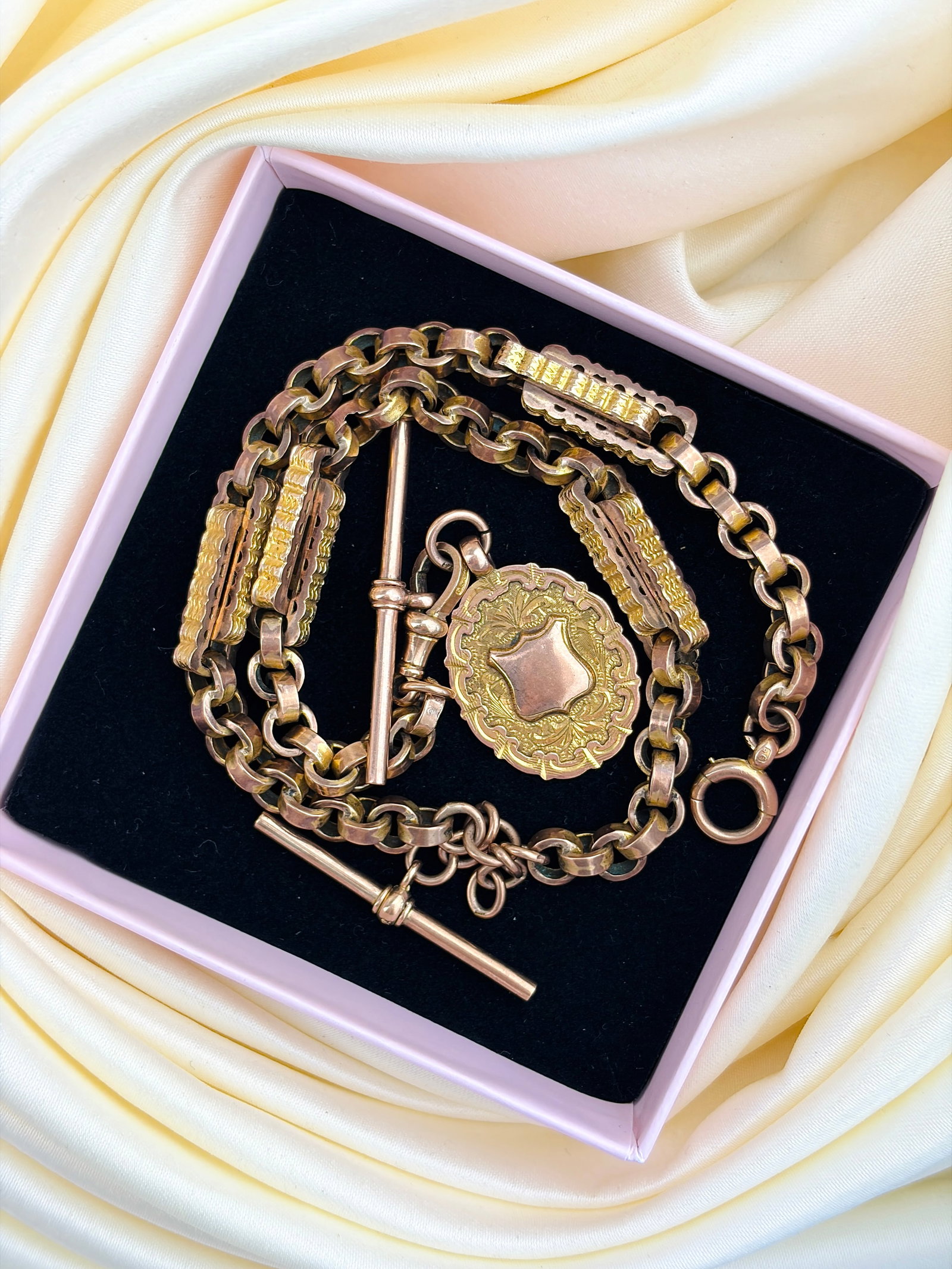 ANTIQUE 9CT YELLOW GOLD ALBERT CHAIN WITH STARS AND BARS LINK, MEDAL, TBARS AND DOGCLIP - 8