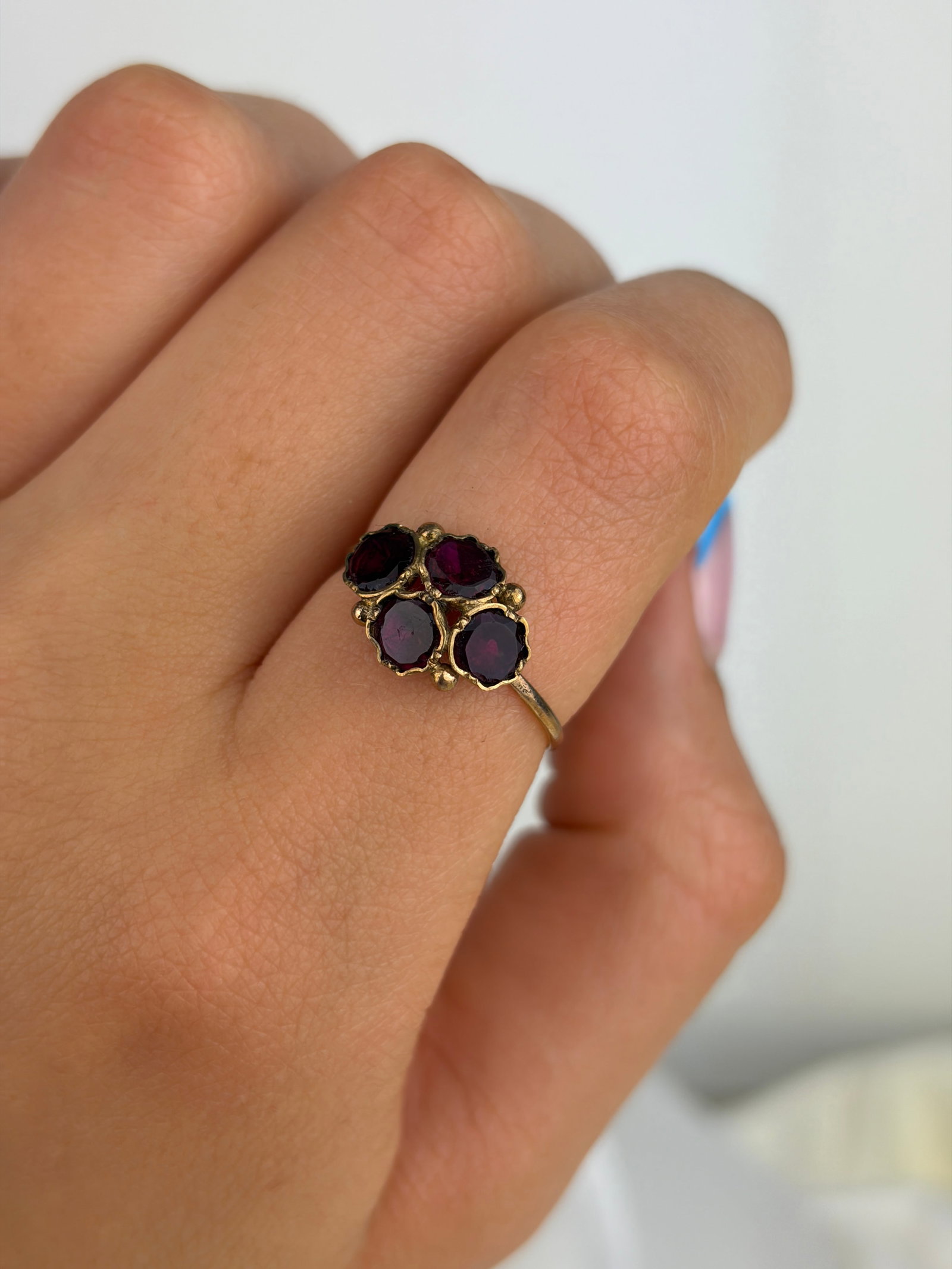 ANTIQUE FLAT CUT GARNET FOUR STONE CLUSTER RING IN GOLD - 8