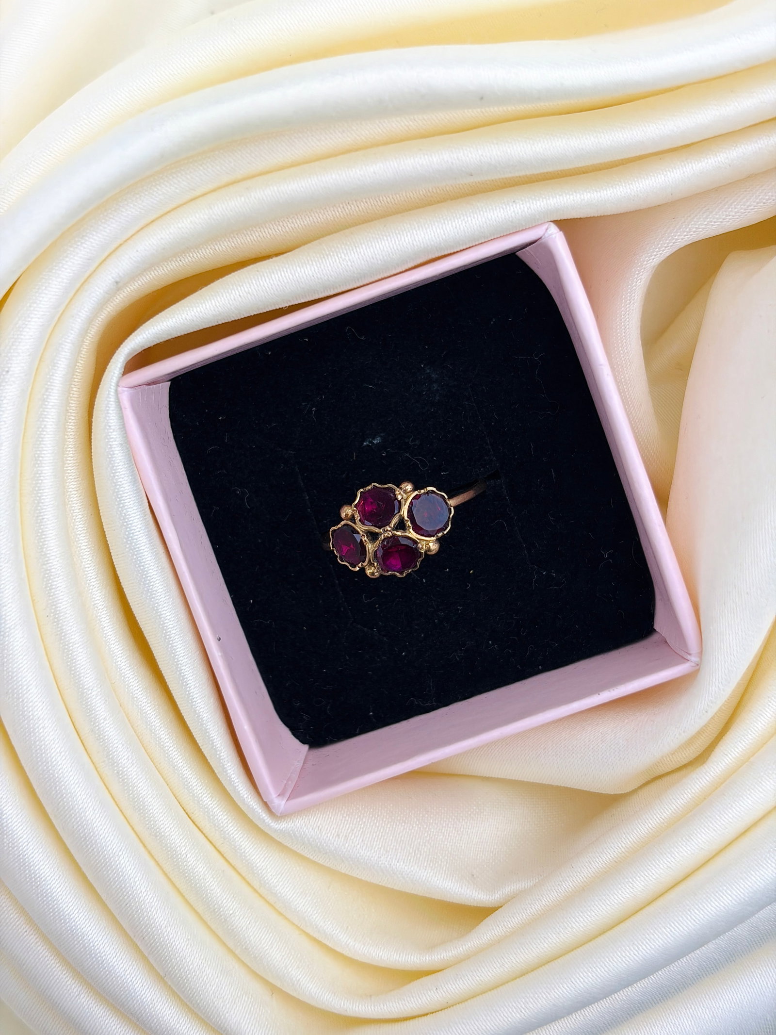 ANTIQUE FLAT CUT GARNET FOUR STONE CLUSTER RING IN GOLD - 9