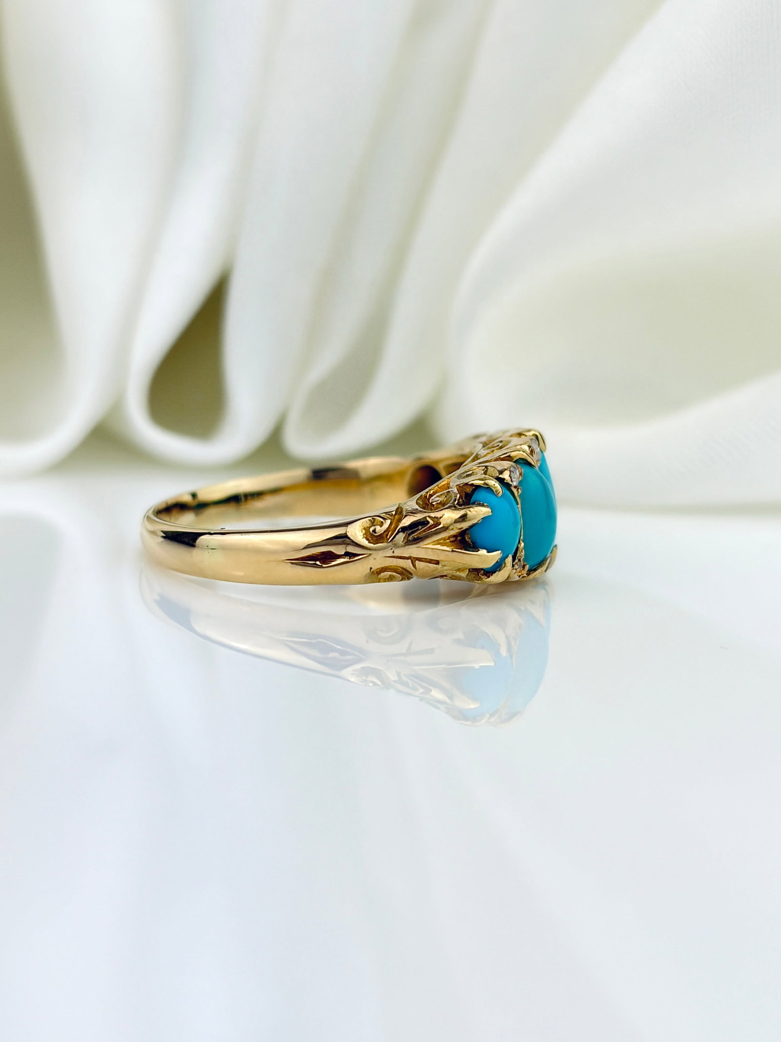 ANTIQUE C.1903 18CT YELLOW GOLD TURQUOISE 5 STONE RING - 2