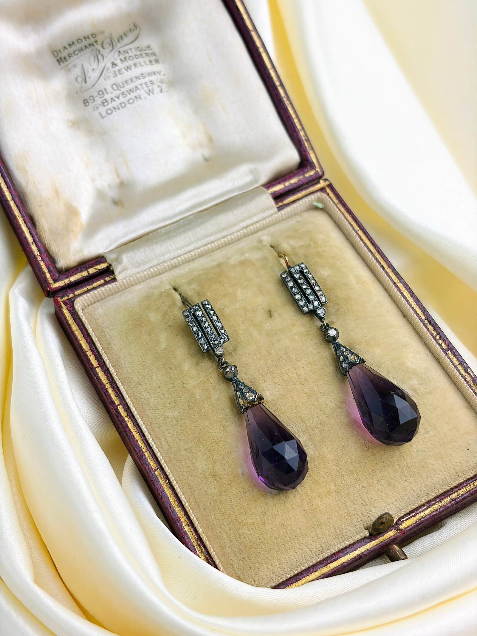 Antique carved amethyst and diamond drop earrings in fitted box AF - 9