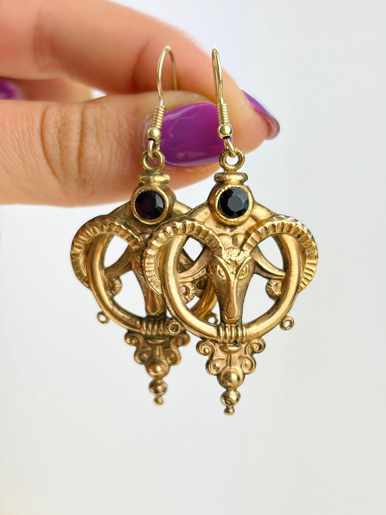 DOUBLE SIDED GARNET RAM DROP EARRINGS IN GOLD: DOUBLE SIDED GARNET RAM DROP EARRINGS IN GOLD
