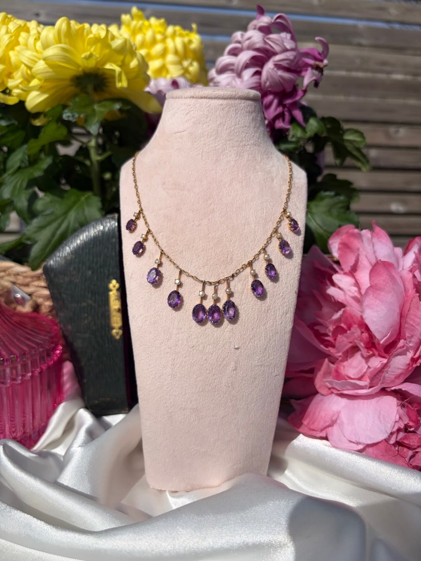ANTIQUE 9CT YELLOW GOLD AMETHYST AND PEARL FRINGE NECKLACE - 9