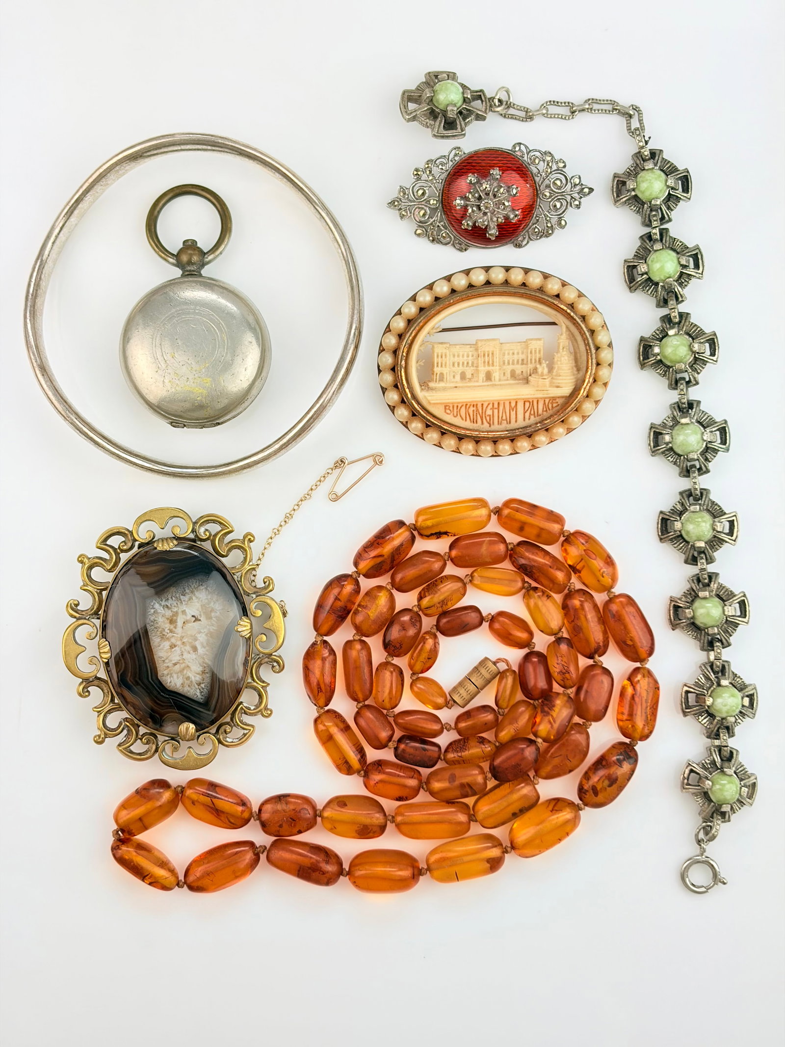 SILVER ENAMEL MARCASITE BROOCH MIXED LOT OF ANTIQUE & VINTAGE JEWELLERY: SILVER ENAMEL MARCASITE BROOCH MIXED LOT OF ANTIQUE & VINTAGE JEWELLERY