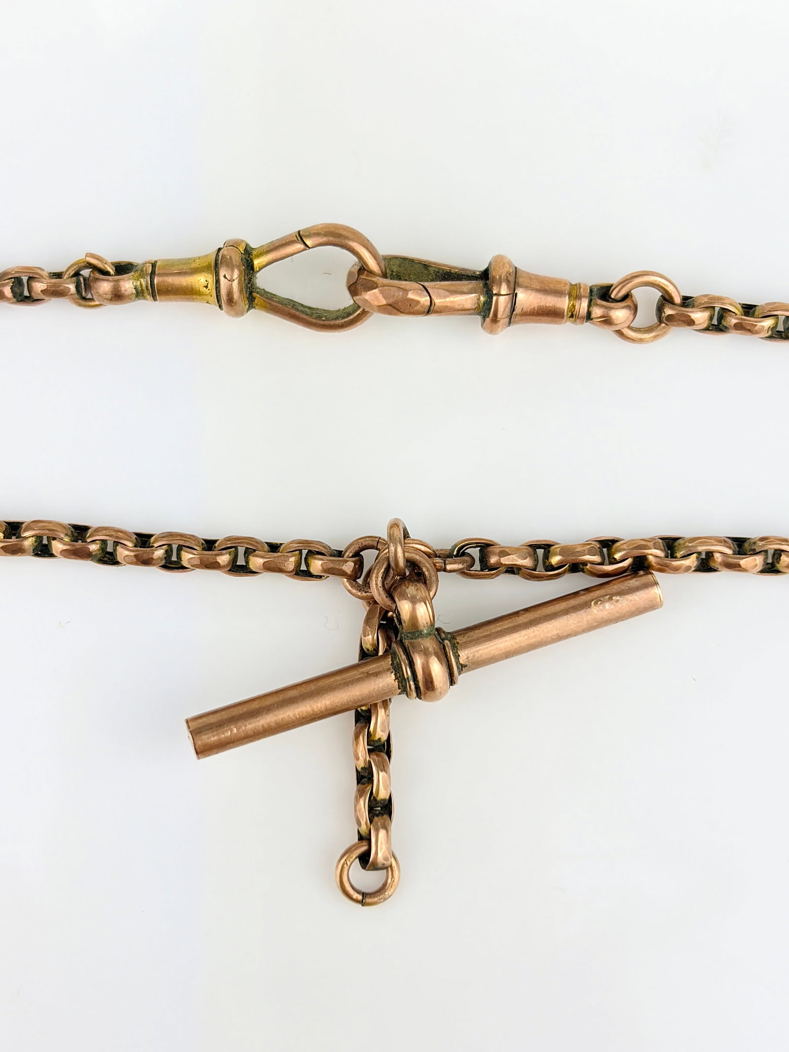 ANTIQUE 9CT GOLD DOUBLE ALBERT CHAIN WITH TBAR AND DOGCLIPS - 2