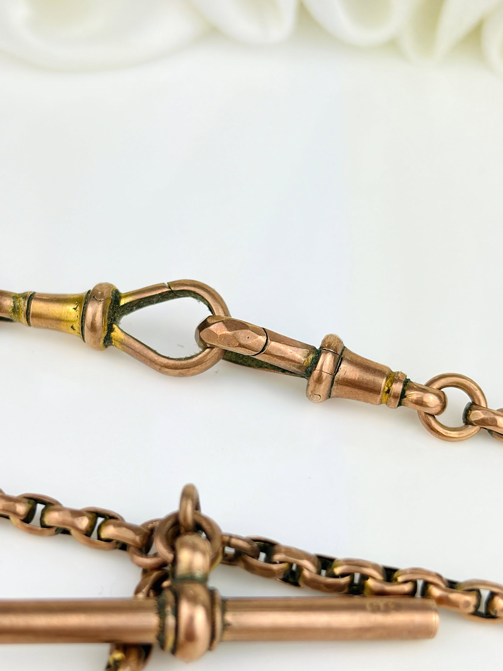 ANTIQUE 9CT GOLD DOUBLE ALBERT CHAIN WITH TBAR AND DOGCLIPS - 3
