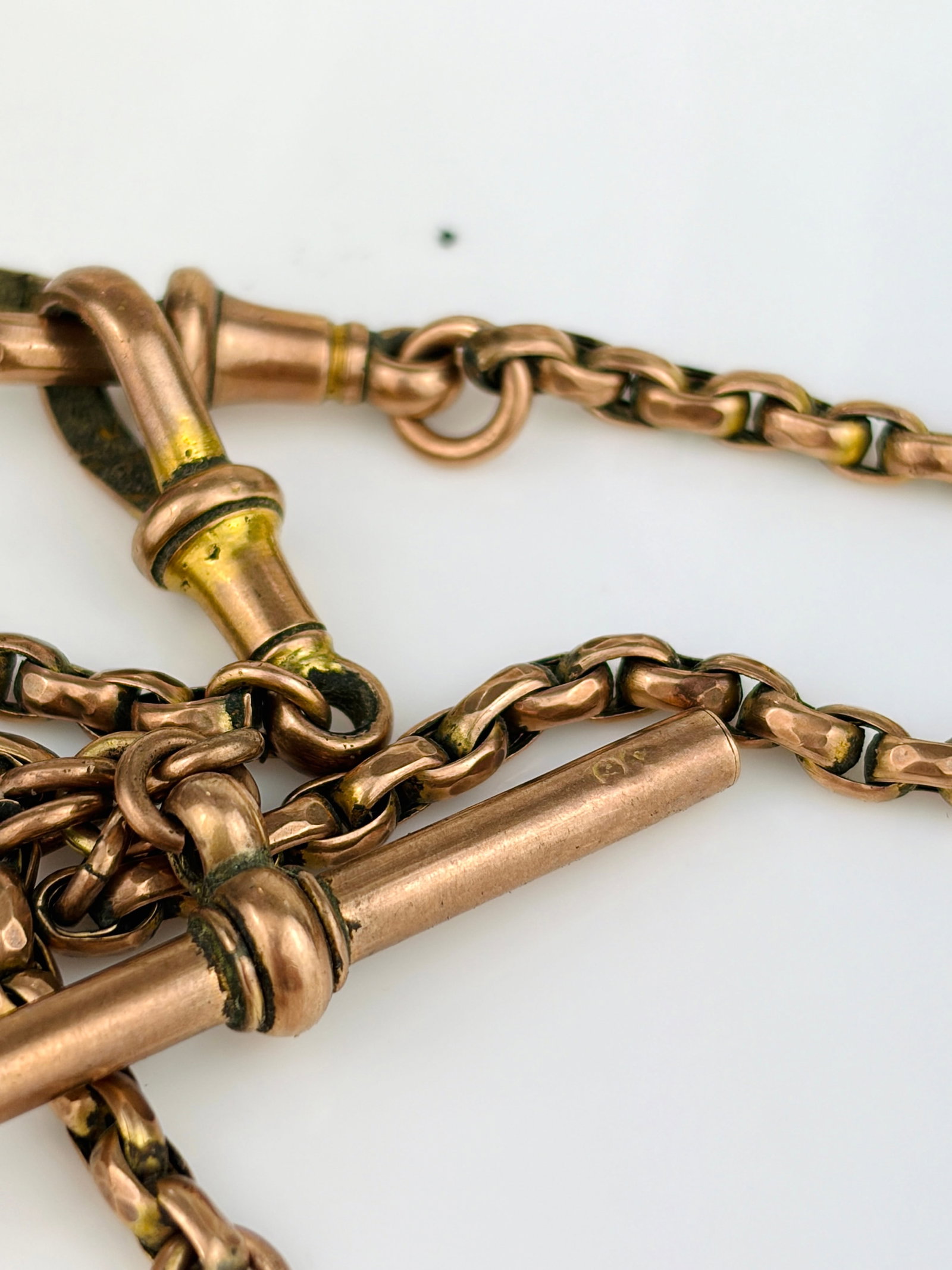 ANTIQUE 9CT GOLD DOUBLE ALBERT CHAIN WITH TBAR AND DOGCLIPS - 5