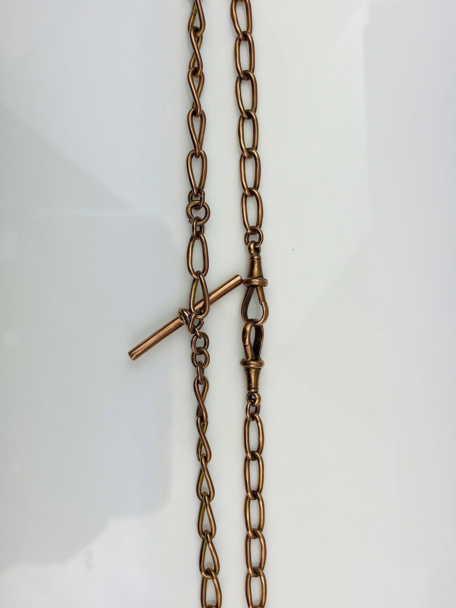heavy antique 9ct rose gold double Albert chain necklace with tbar and dog clips - 5